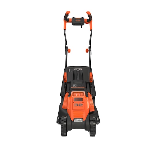 Front view of a BLACK+DECKER electric lawn mower with orange and black color, featuring a handle and large wheels. The model is BEMW451BH, with a 32 cm cutting width and 1200W power.