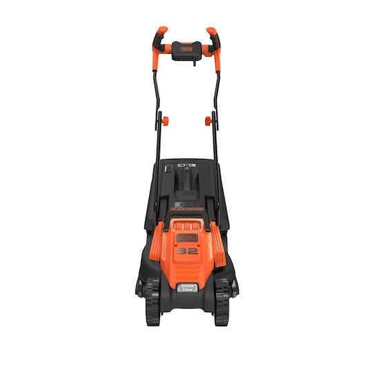 Front view of a BLACK+DECKER electric lawn mower with orange and black design, featuring a handlebar, wheels, and control panel.