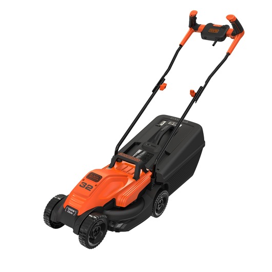A BLACK+DECKER electric lawn mower, model BEMW451BH, featuring an orange and black design with a black grass collection bag and ergonomic handlebar.