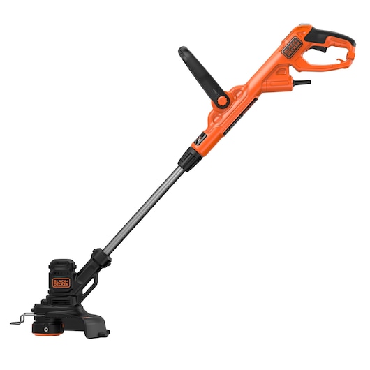 BLACK+DECKER BESTE625 electric grass trimmer with orange and black design, featuring a long handle and adjustable auxiliary handle.