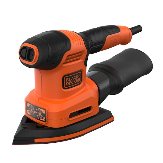 A BLACK+DECKER BEW200 detail sander with a triangular sanding pad, orange and black design, and a dust collection attachment.