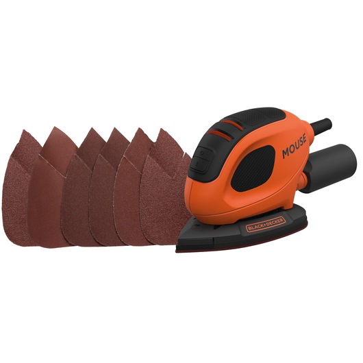 BLACK+DECKER mouse detail sander in orange and black, with six brown sanding sheets displayed in front.