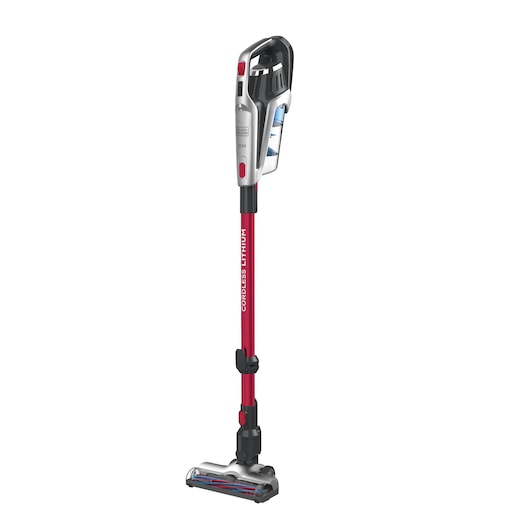 A BLACK+DECKER cordless stick vacuum cleaner with a slim red pole and grey handle, shown upright on a white background.
