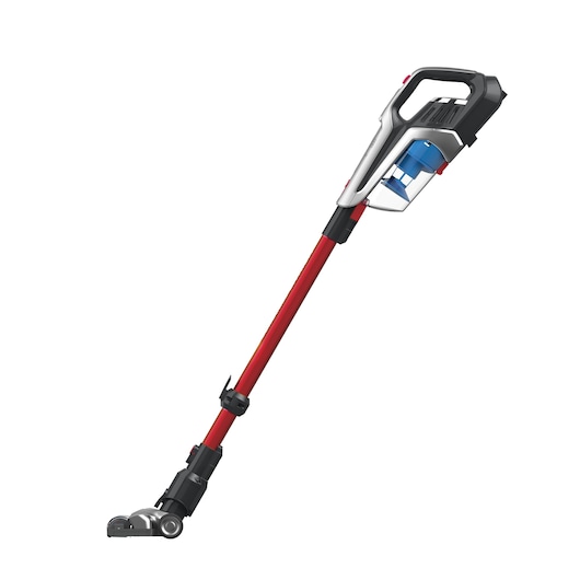 A cordless stick vacuum cleaner with a red wand, black and silver handle, and a transparent dust container.