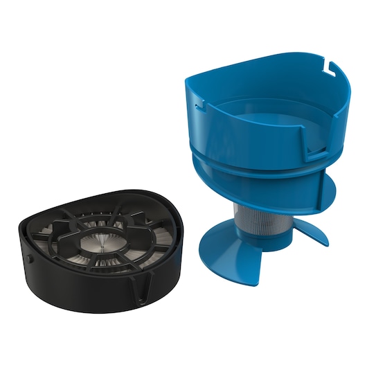 Close-up of two vacuum cleaner components, one black and the other blue, with filter and plastic parts, designed for a BLACK+DECKER cordless vacuum.