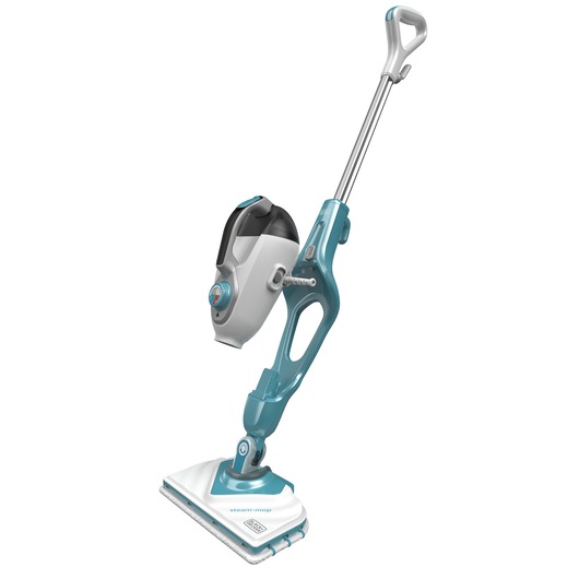 A turquoise and white steam mop with an attached handheld unit, shown standing upright on a white background.