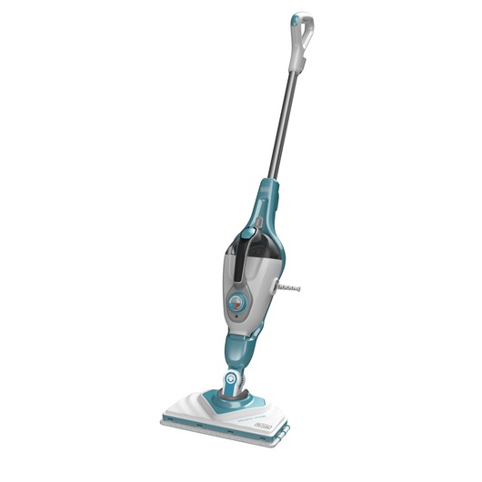 A steam mop with a grey and turquoise design, featuring a rectangular cleaning pad and a long handle, displayed against a white background.