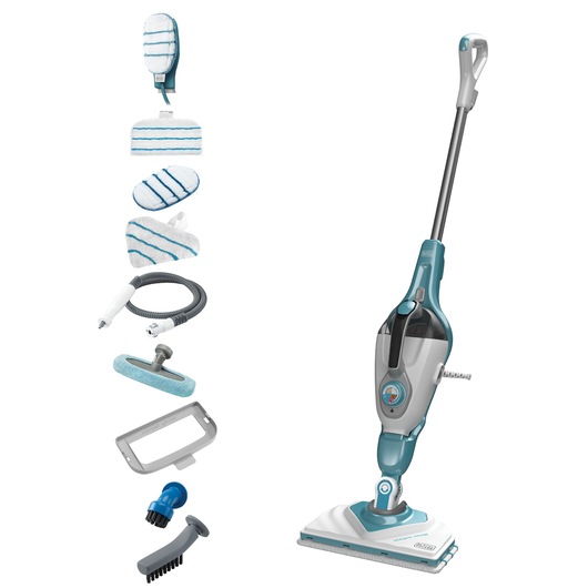 A BLACK+DECKER steam mop with various cleaning accessories, including microfiber pads, cleaning brushes, hose, and attachment heads, all arranged on a white background.