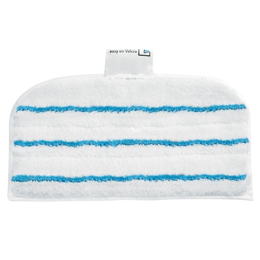 A rectangular white microfiber cleaning pad with three horizontal blue stripes, designed for use with a steam mop. There is a small fabric tab at the top for easy attachment.