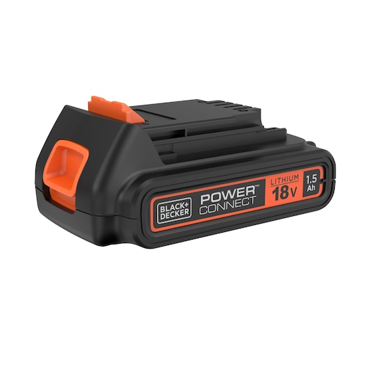 A BLACK+DECKER Power Connect 18V lithium-ion battery with a capacity of 1.5Ah. The battery is black with orange highlights and features branded labeling on the side.