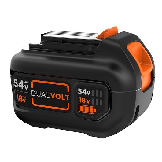 BLACK+DECKER DualVolt battery BL1554 for power tools, featuring 54V and 18V voltage settings, black and orange design, and visible power indicator.