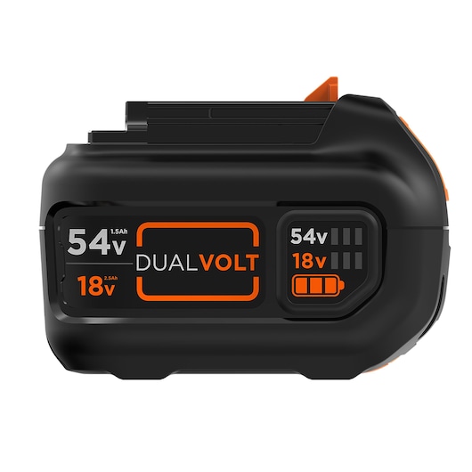 BLACK+DECKER DUALVOLT battery pack, black with orange accents, showing 54V and 18V voltage options and labeled capacity indicators.