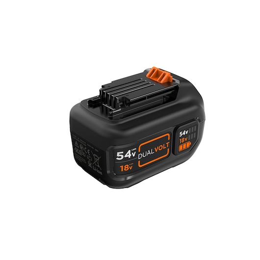 BLACK+DECKER dual volt lithium-ion battery, model BL1554, with 54V and 18V power options. The battery is black with orange accents and labeled with 'Dual Volt' and voltage information. It is designed for power tools.