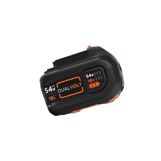 A BLACK+DECKER dual voltage rechargeable battery, featuring 54V and 18V power options, designed for use with power tools. The battery is black with orange accents and labeled 'DUALVOLT'.