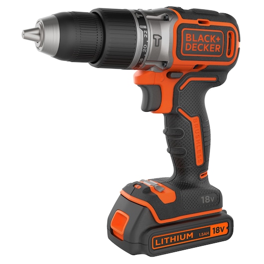 A BLACK+DECKER 18V cordless drill featuring a brushless motor and lithium battery, shown in black and orange colors.