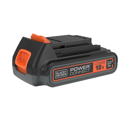 A BLACK+DECKER Power Connect 18V 2.0Ah lithium-ion battery, black with orange accents, positioned on a white background.