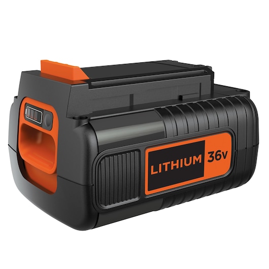 A BLACK+DECKER 36V lithium rechargeable battery, black and orange in color, designed for power tools.
