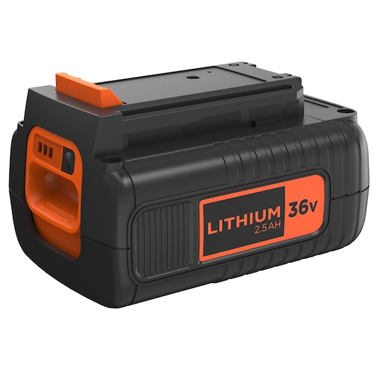A BLACK+DECKER 36V 2.5Ah lithium battery for power tools, featuring a black and orange design with product details labeled on the side.
