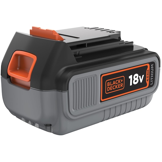 A BLACK+DECKER 18V 4.0Ah lithium rechargeable battery for power tools, shown in a close-up view with black, orange, and grey color accents.