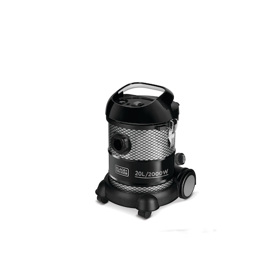 A BLACK+DECKER canister vacuum cleaner with a 20-liter capacity and 2000W power, featuring a sturdy black and silver design, wheels for easy movement, and a handle on top.