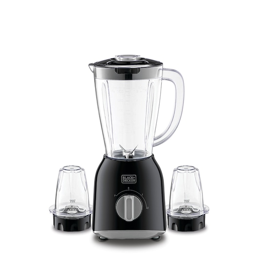 A BLACK+DECKER blender in black with a transparent jug and two additional smaller containers placed beside it, suitable for blending or grinding food and beverages.