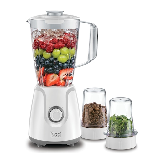 A BLACK+DECKER blender set consisting of a main blender filled with ice, strawberries, blueberries, grapes, and raspberries, alongside two smaller containers—one with coffee beans and the other with fresh herbs.