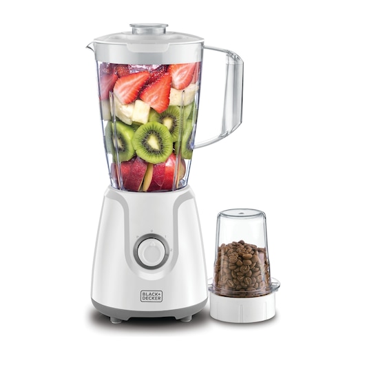 A BLACK+DECKER BX4030 blender with a container filled with fresh fruits (kiwi, strawberry, apple, banana) and a coffee grinder attachment containing whole coffee beans, shown on a white background.