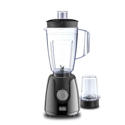 A BLACK+DECKER blender with a transparent pitcher and black base, accompanied by a smaller grinding attachment, both on a white background.