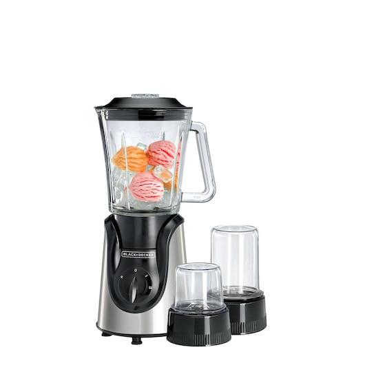 BLACK+DECKER blender with ice cream scoops and ice, shown with two extra jars for blending or grinding.