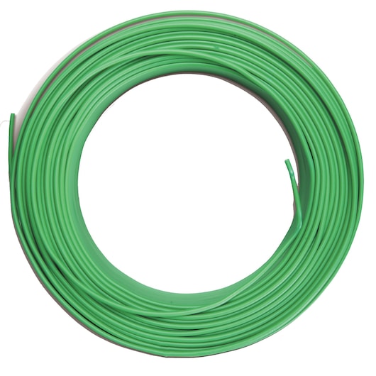 A coil of green wire arranged in a circular shape against a white background.