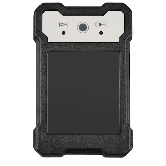 A rugged black and white electronic device with a rectangular shape, featuring a camera lens and indicator icons at the top and a blank screen below. The device appears to have a durable, protective casing.