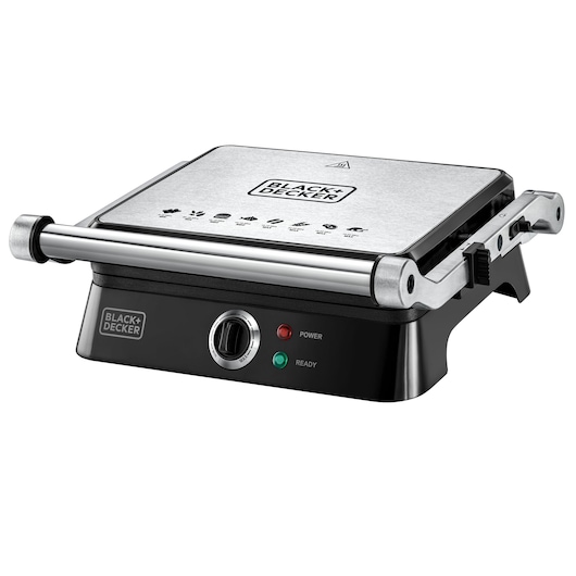 BLACK+DECKER countertop electric grill with stainless steel lid, control knob, and indicator lights showing power and ready status.
