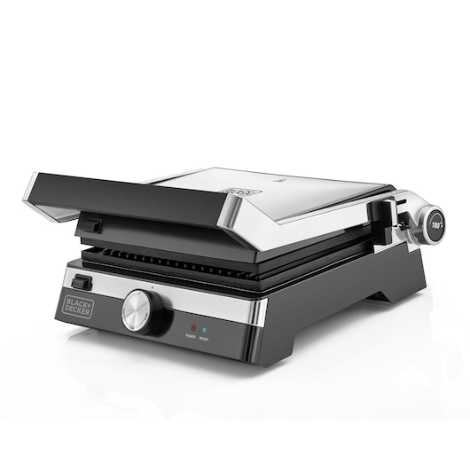 A BLACK+DECKER CG2000 panini press and grill with a stainless steel top, adjustable temperature dial, indicator lights, and a hinged lid. The product is shown against a white background.