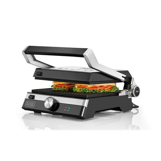BLACK+DECKER CG2000 silver and black panini press with sandwich, front angle on white background.