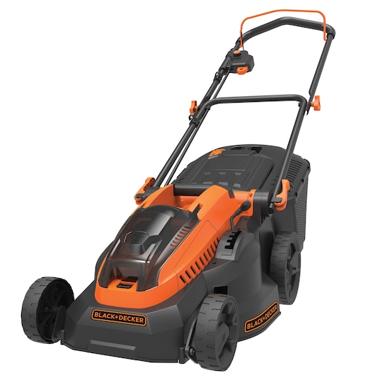 A BLACK+DECKER cordless lawn mower with orange and black colors, featuring a handlebar and wheels, shown on a white background.