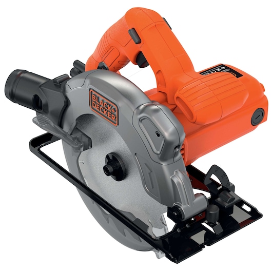 A BLACK+DECKER branded orange and silver circular saw, showing the blade, handle, and adjustment components.