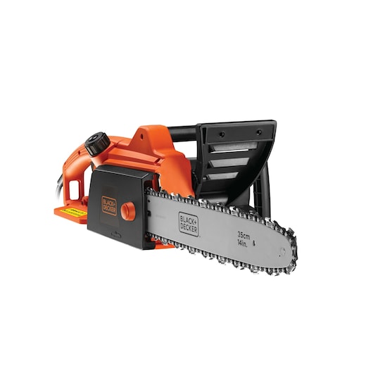A BLACK+DECKER electric chainsaw with an orange and black body and a 35 cm (14 inch) blade, model CS1835, designed for cutting wood.