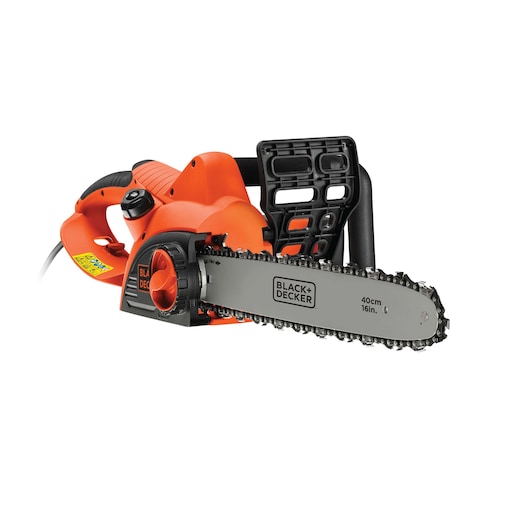 A BLACK+DECKER electric chainsaw with an orange and black handle, featuring a 40 cm (16 inch) blade and safety guard, shown on a white background.