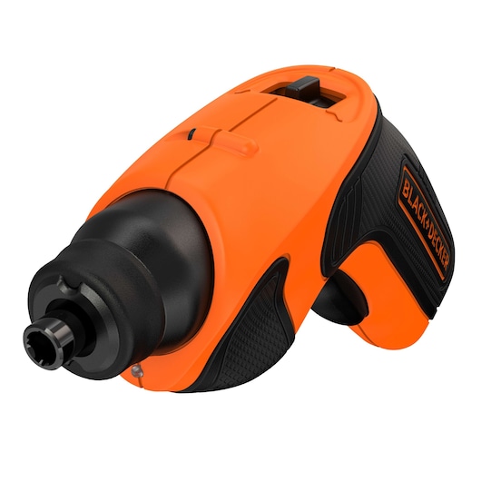A close-up view of a BLACK+DECKER cordless electric screwdriver, orange and black in color, showing the handle and bit holder.