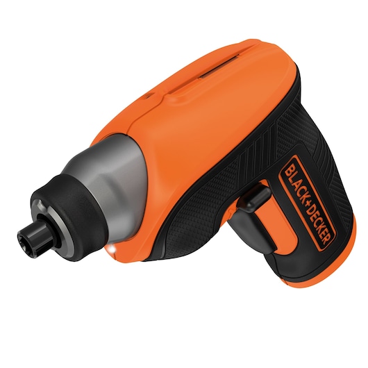 A BLACK+DECKER branded cordless electric screwdriver with an ergonomic black and orange design, shown close up against a white background.