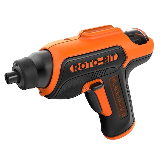 An orange and black BLACK+DECKER ROTO-BIT cordless screwdriver with a compact design and ergonomic grip.