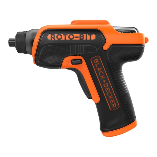 A BLACK+DECKER ROTO-BIT cordless screwdriver with an ergonomic black and orange design, shown in a side view.