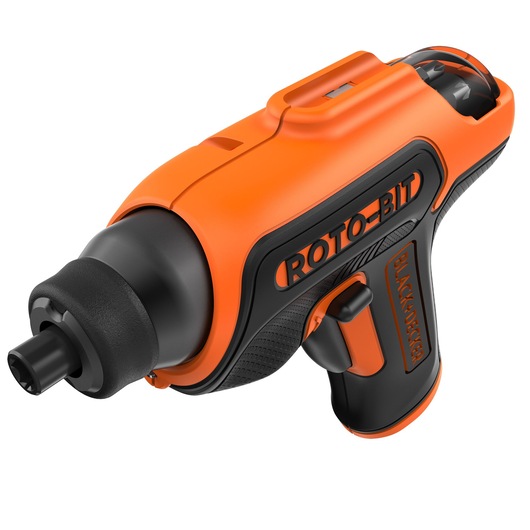 Close-up view of a BLACK+DECKER ROTO-BIT cordless screwdriver in orange and black color, featuring an ergonomic handle and a bit compartment on top.