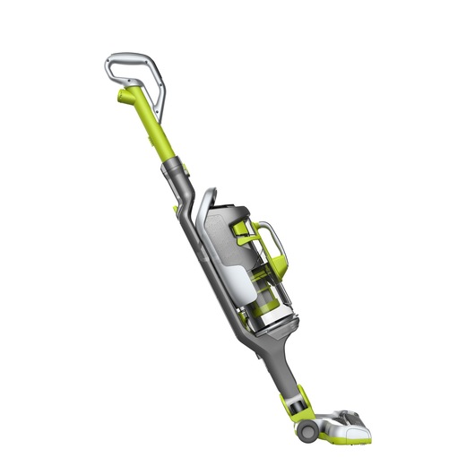 A cordless upright stick vacuum cleaner with a modern design, featuring grey and lime green colors. The vacuum has a transparent dust container and is shown in a side view against a white background.
