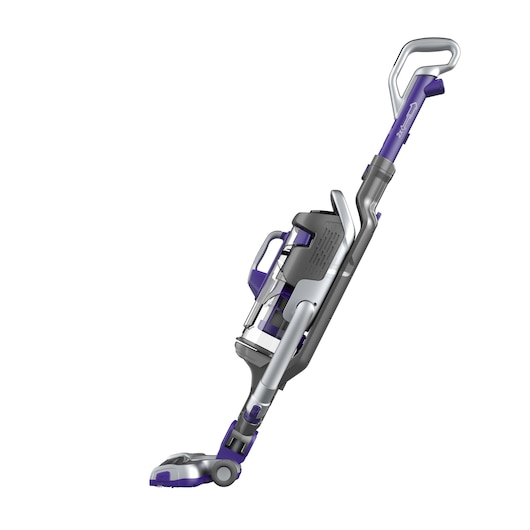 A cordless upright vacuum cleaner with silver and purple accents, featuring a transparent dust container and ergonomic handle.
