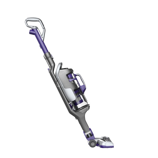 Side view of a BLACK+DECKER cordless upright vacuum cleaner with a gray and purple design, showing the handle, dust container, and cleaning head.
