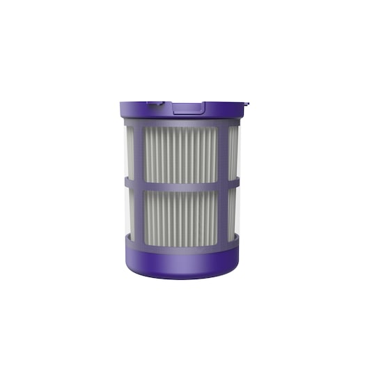 A cylindrical vacuum cleaner filter with a purple plastic frame and pleated white filter material.