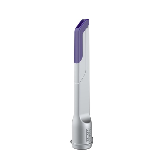 A BLACK+DECKER vacuum cleaner crevice tool attachment with a grey body and a purple tip, designed for cleaning narrow spaces.