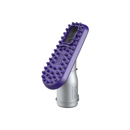 A BLACK+DECKER vacuum attachment with a purple bristle surface and silver base, designed for grooming and cleaning.