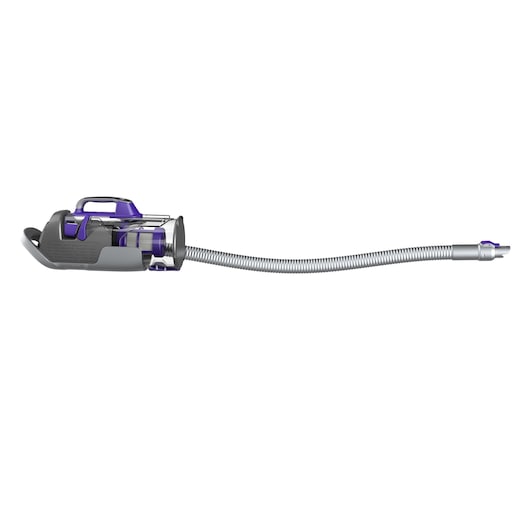 A BLACK+DECKER portable vacuum cleaner with a flexible hose and a purple and grey design.